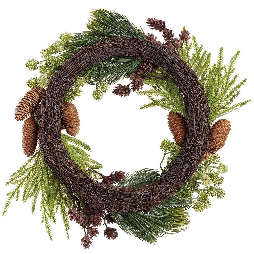 22" SEDUM/PINE CONE/PINE WREATH GREEN BROWN