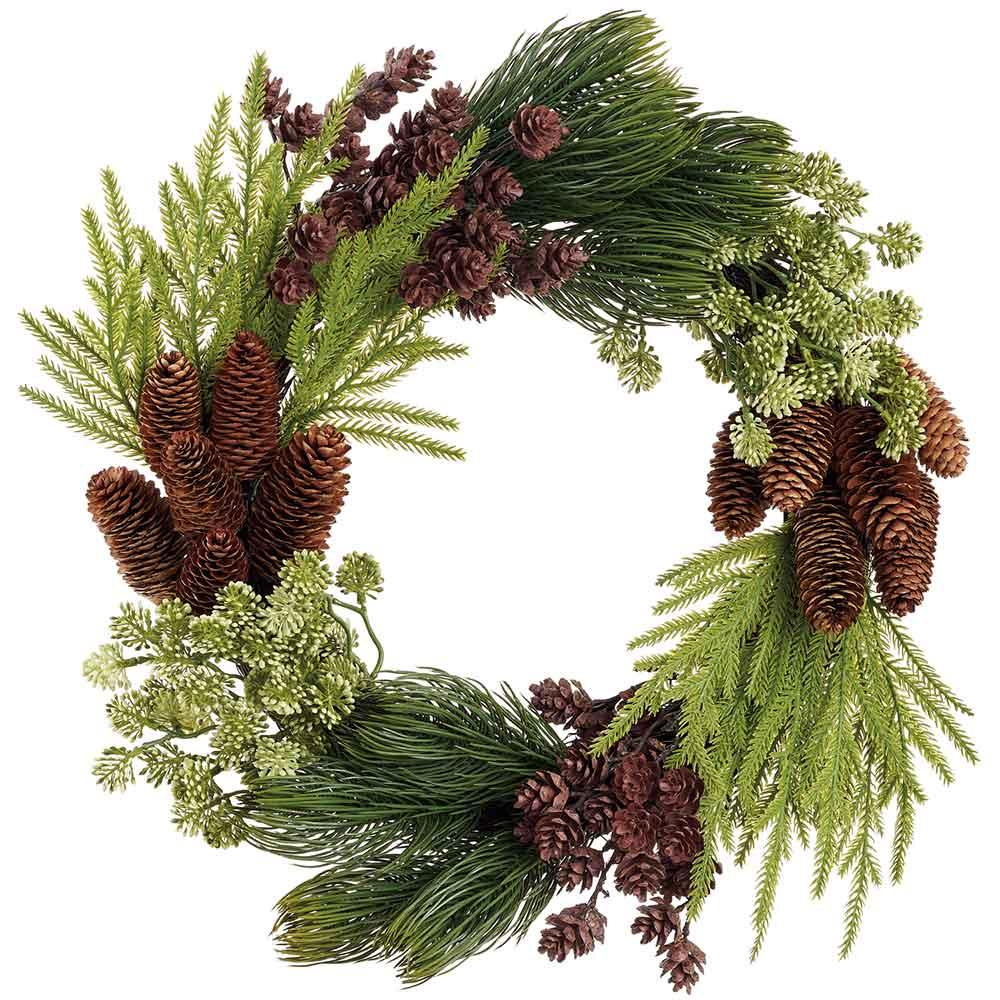 22" SEDUM/PINE CONE/PINE WREATH GREEN BROWN