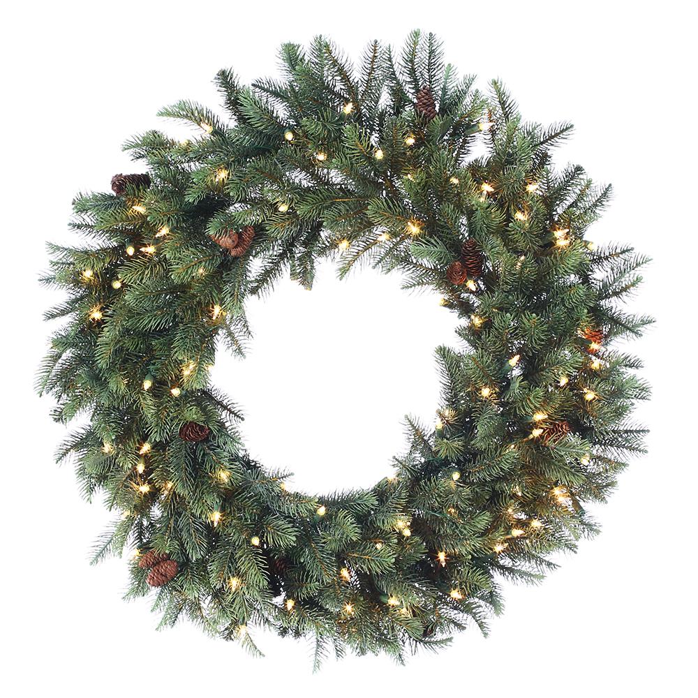 30" NEW ENGLAND PINE WREATH W/CONES & 100 CLEAR LIGHTS