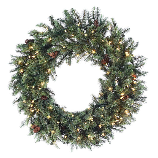 30" NEW ENGLAND PINE WREATH W/CONES & 100 CLEAR LIGHTS