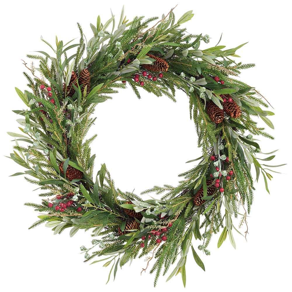 32" PINE CONE/BERRY/EUCALIPTUS/PINE WREATH GREEN BROWN
