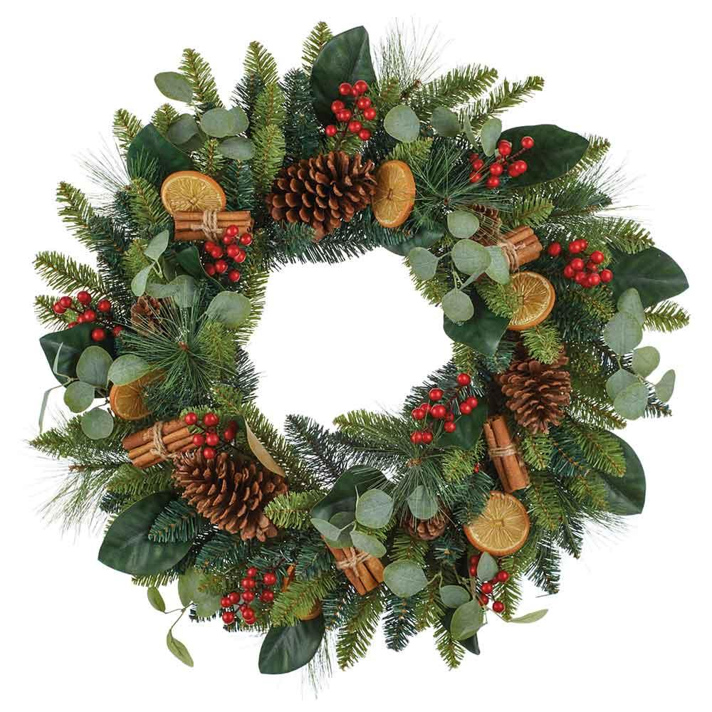 30" PINE & MAGNOLIA LEAVES WREATH W/ ORANGE SLICES/BERRY/PINE CONES