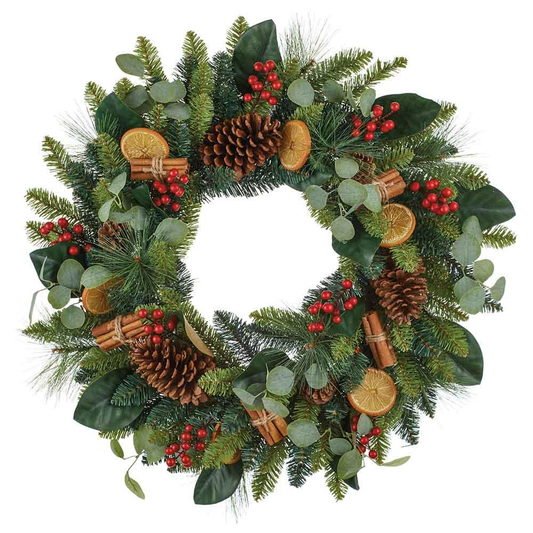 30" PINE & MAGNOLIA LEAVES WREATH W/ ORANGE SLICES/BERRY/PINE CONES